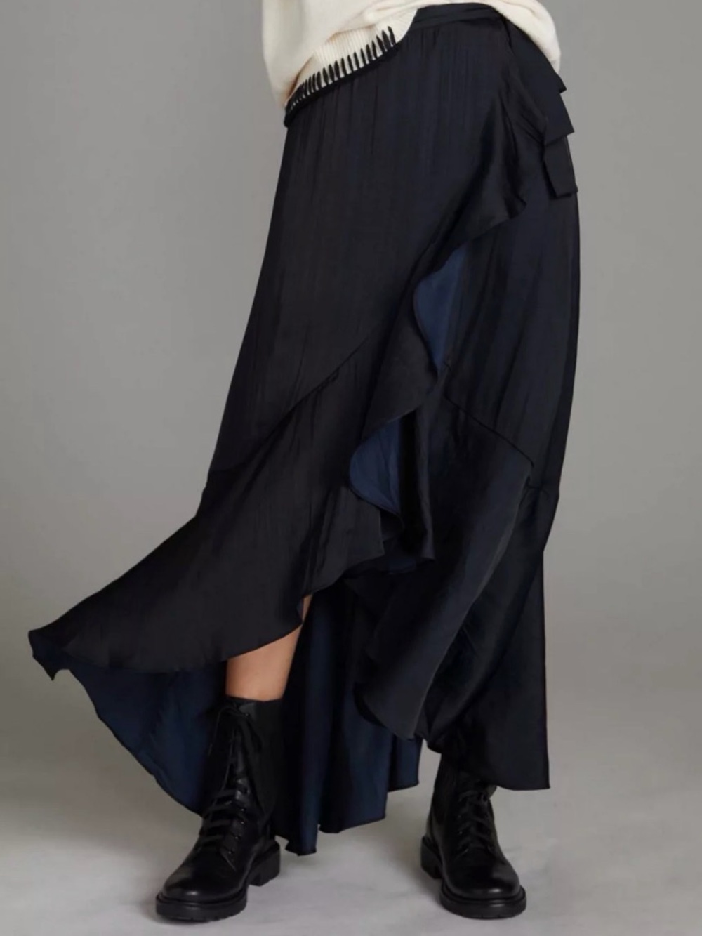 ANTHROPOLOGIE - Maeve Ruffle Wrap Midi Skirt, XS Petite, Black, NWT